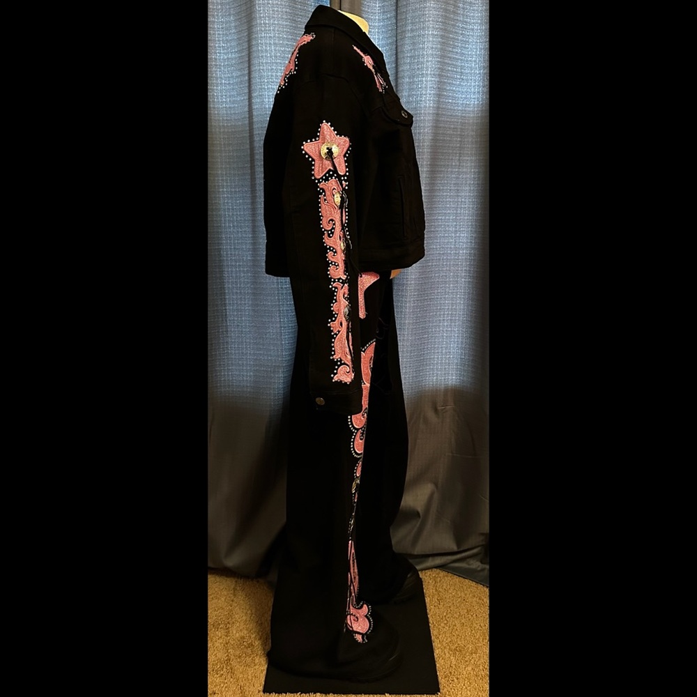 Sugar Thrillz Dolls Kill LONGING HEART Black Pink Denim Jacket Chaps SET L NWT - Picture 4 of 11